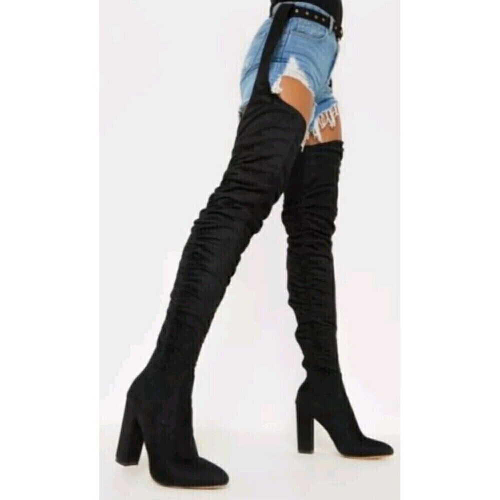Pretty Little Thing Faux Suede Thigh Boot Size 6 Black PLT  No Belt High Heels